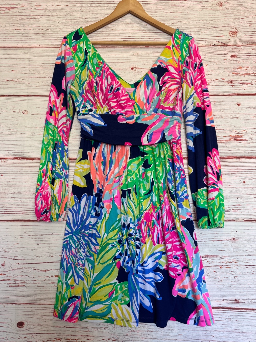 Lilly Pulitzer Fleur Dress in Resort Navy Travelers Palm Sz S - Picture 3 of 9